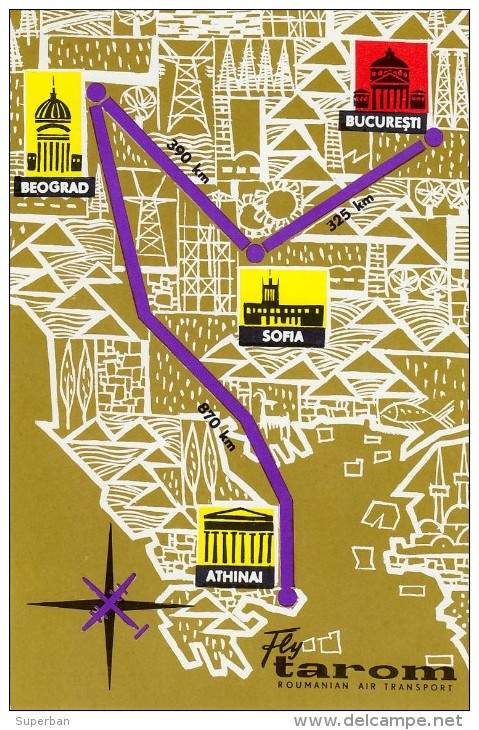 AVIATION CIVILE - ENV. 1970 - CARTE / AFFICHE PUBLICITAIRE : COMPAGNIE TAROM - ROUMANIE - ROUTES En EUROPE (j-636-bis) - 1946-....: Moderne