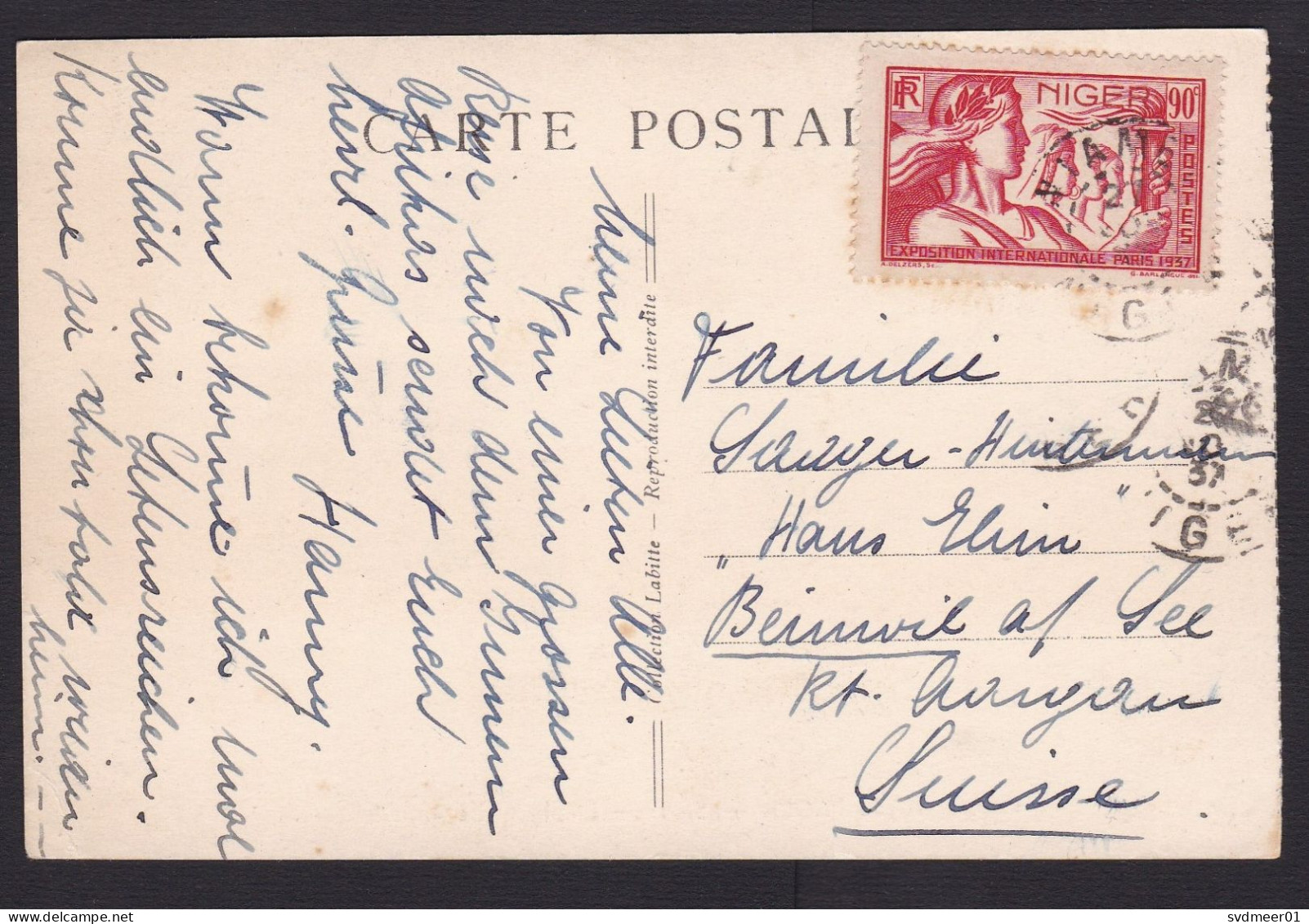 Niger: Picture Postcard To Switzerland, 1937, 1 Stamp, Exposition, Lady, Card: Elephant Hunting (minor Discolouring) - Cartas & Documentos