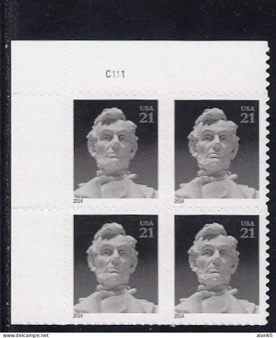 Sc#4860, Abraham Lincoln Statue Lincoln Memorial, 2014 Issue, 21-cent Stamp Plate # Block Of 4 - Numéros De Planches