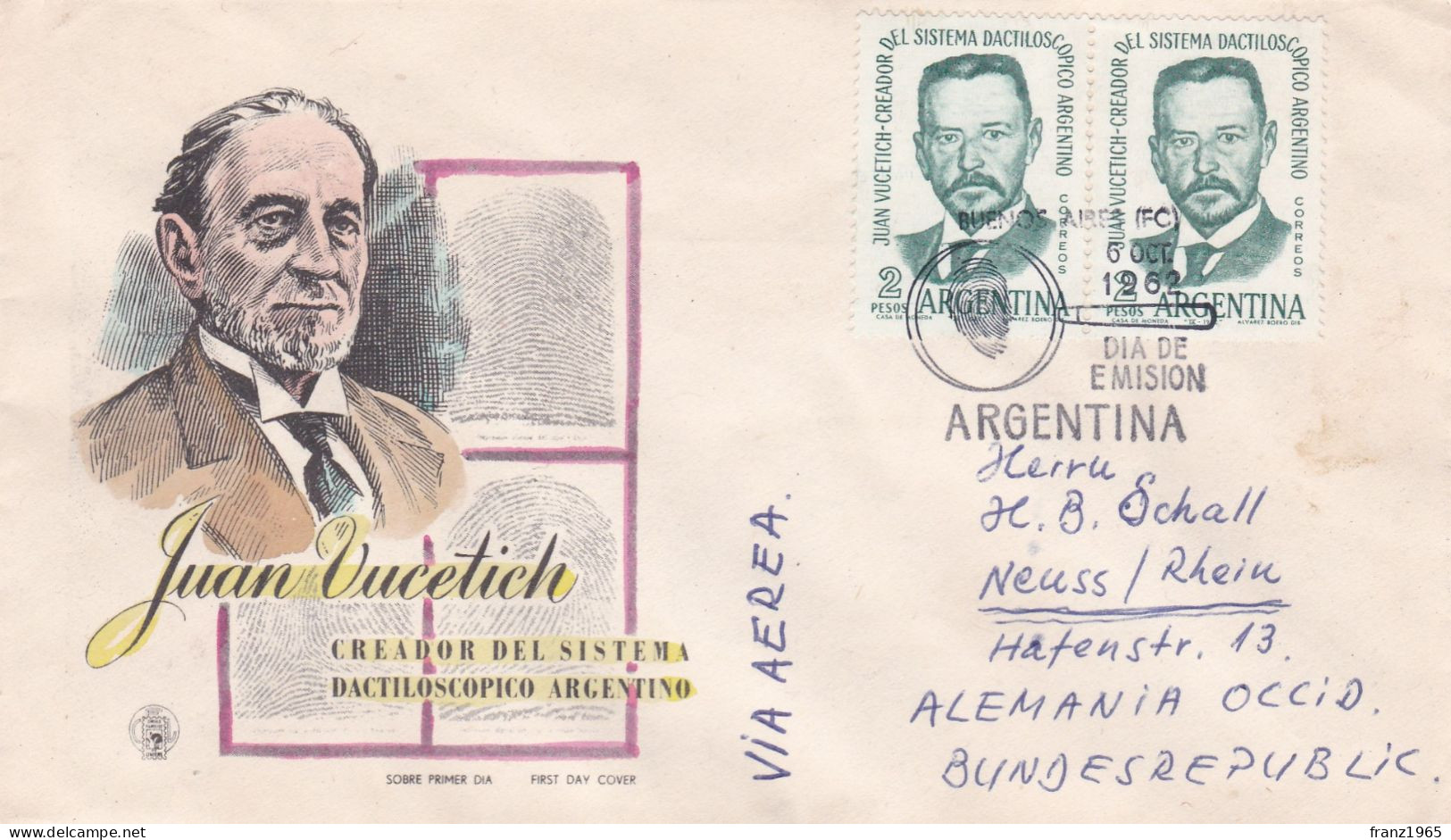 Juan Vucetich (1858-1925), Founder Of Argentine Dactyloscopy - 1962 - FDC