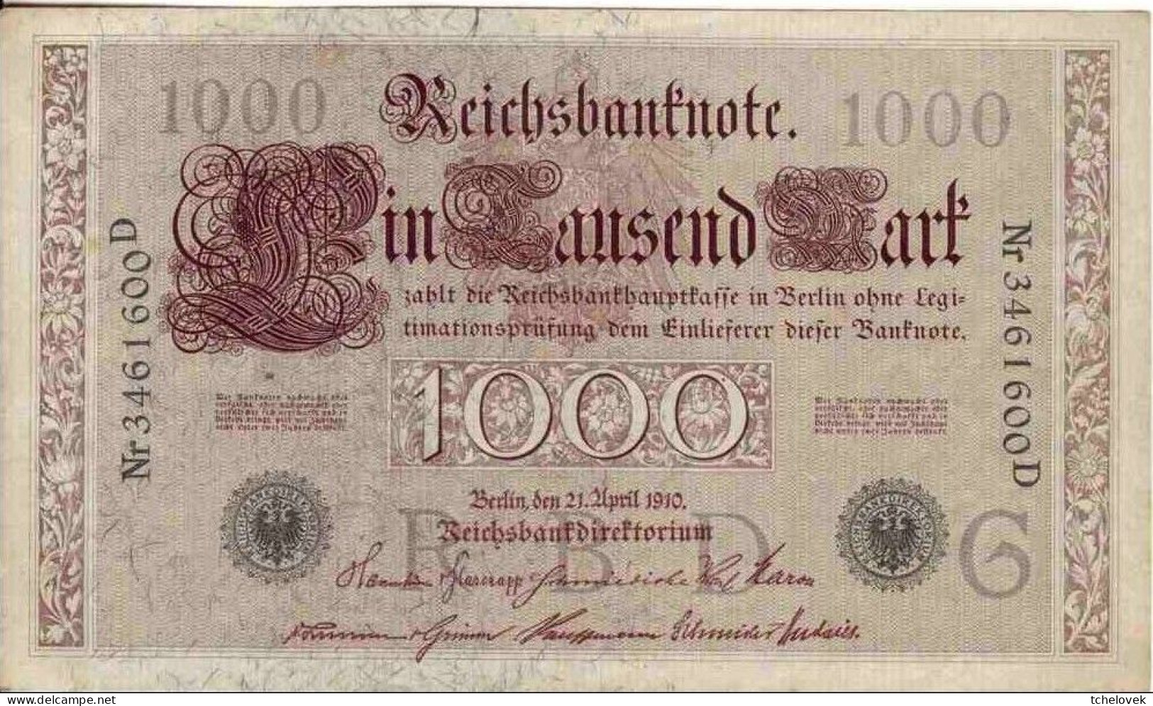 (Billets). Allemagne Deutchland 1000 M 21.04.1910 Vert Pick 45b & Rouge Pick 44b & 1 Rentenmark 1.11.23 Pick 161 & (2) - 1000 Mark