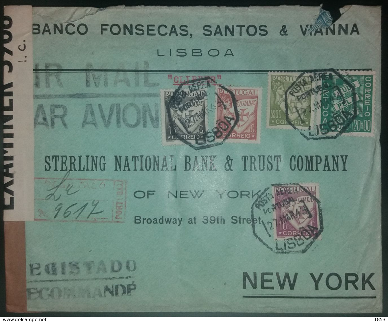 CORREIO AÉREO -REGISTADO - WWII - CENSURAS - DESTINO A NOVA YORK  (PORTE 25$75) - Storia Postale