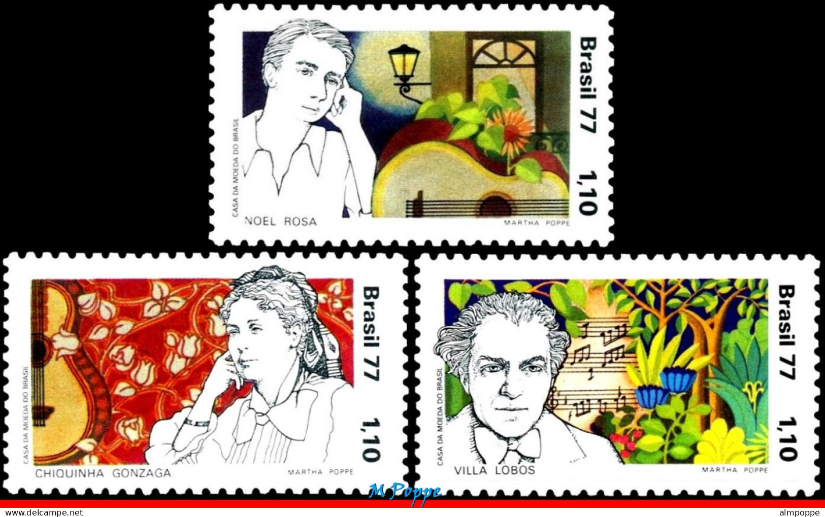 Ref. BR-1500-02 BRAZIL 1977 - VILLA LOBOS,GONZAGA,NOEL ROSA,COMPOSER,MI# 1587-9,MNH, FAMOUS PEOPLE 3V Sc# 1500-1502 - Unused Stamps