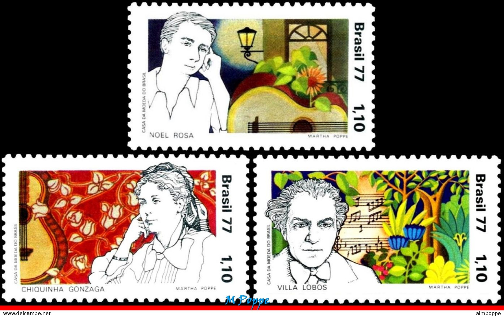 Ref. BR-1500-02 BRAZIL 1977 - VILLA LOBOS,GONZAGA,NOEL ROSA,COMPOSER,MI# 1587-9,MNH, FAMOUS PEOPLE 3V Sc# 1500-1502 - Neufs