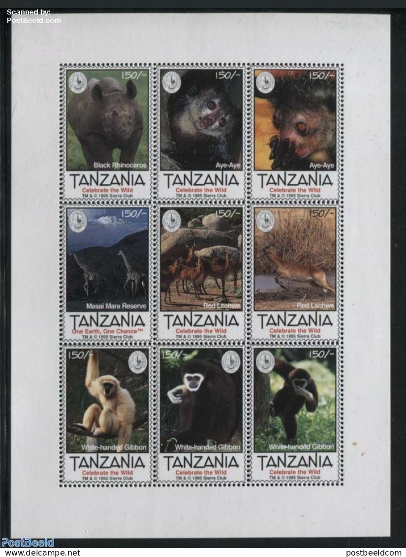Tanzania 1995 Sierra Club 9v M/s, Mint NH, Nature - Animals (others & Mixed) - Monkeys - Rhinoceros - Tanzania (1964-...)