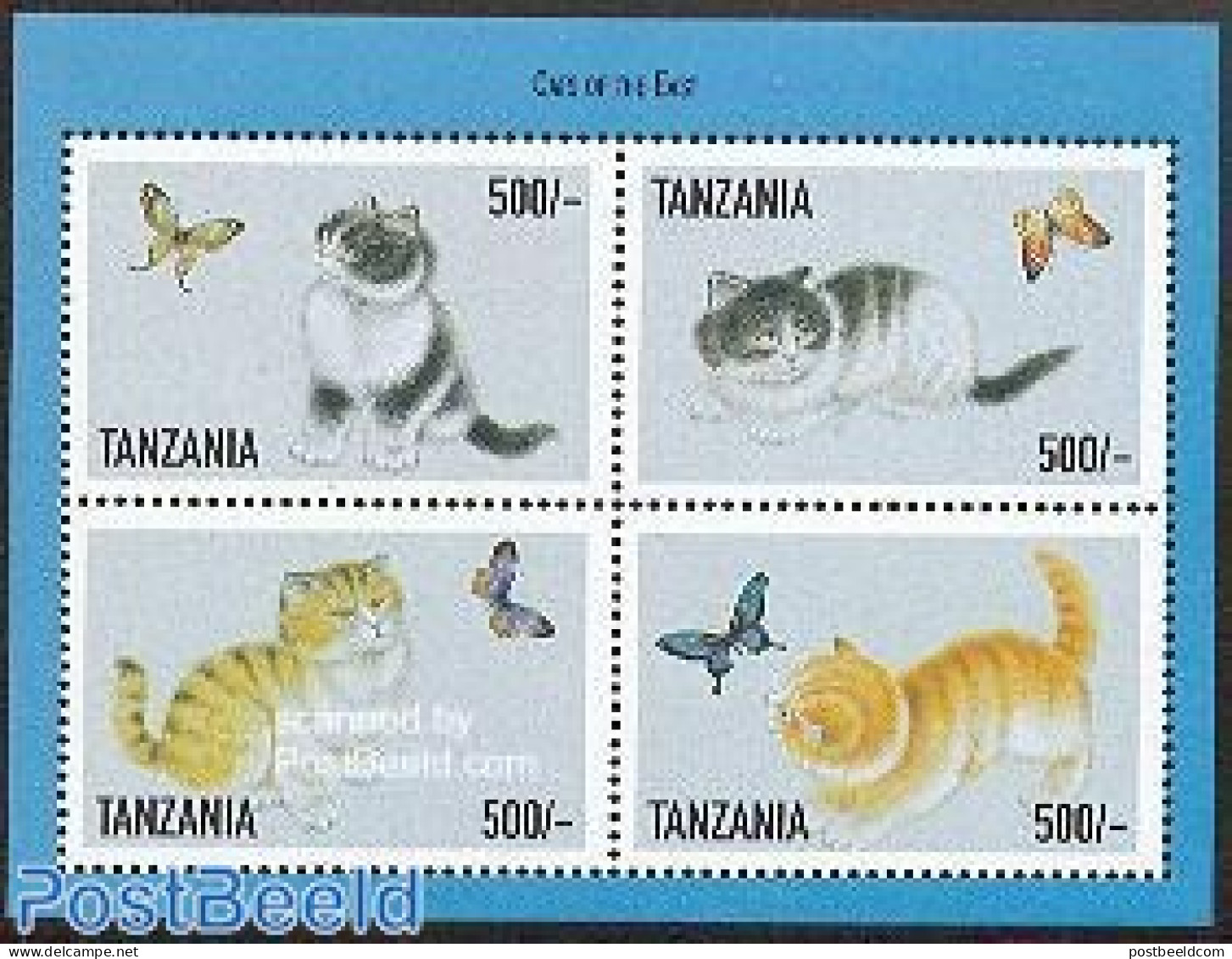 Tanzania 1999 Cats & Butterflies 4v M/s, Mint NH, Nature - Butterflies - Cats - Tanzania (1964-...)