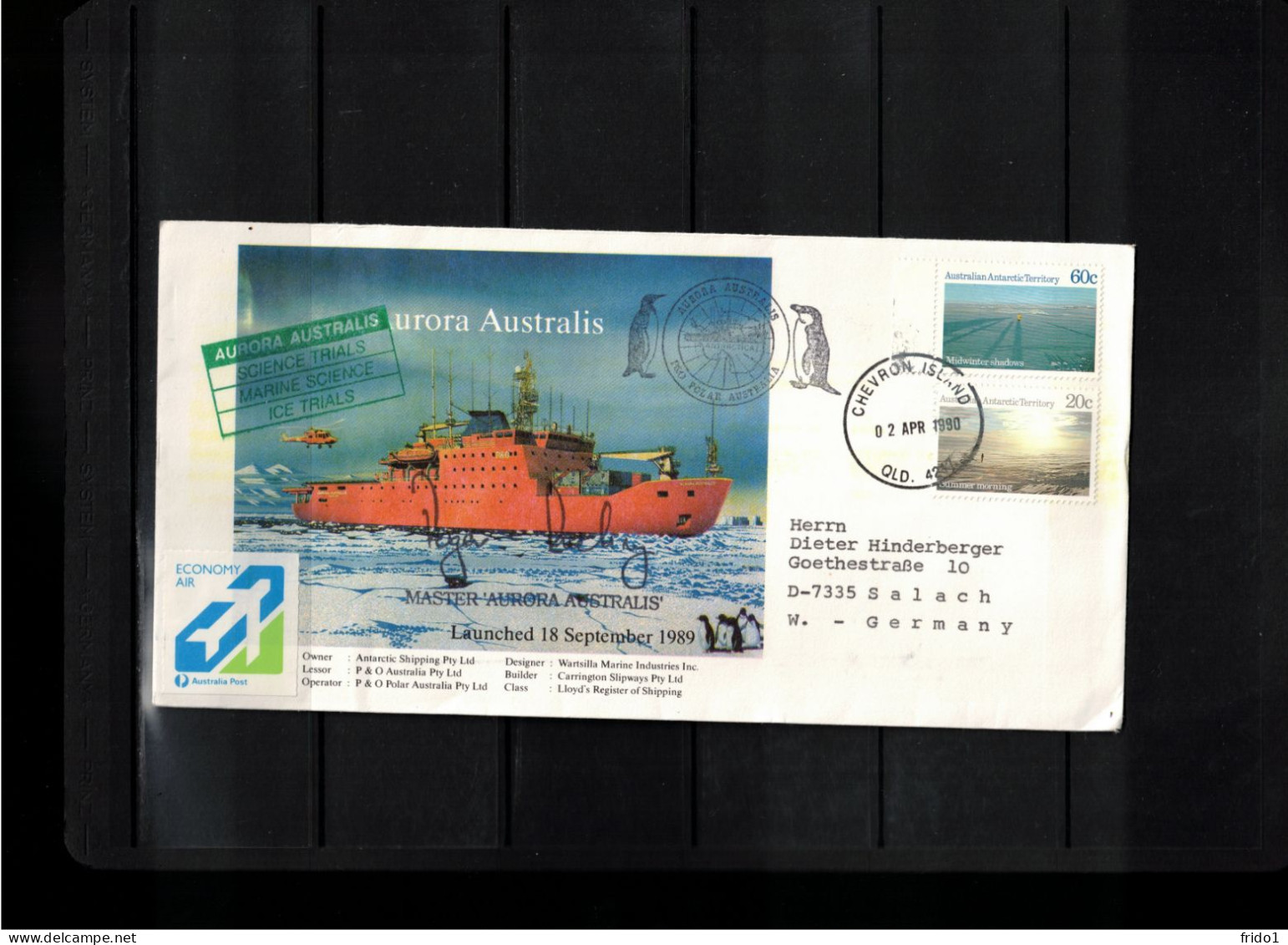 Australian Antarctic Territory 1990 Antarctica Ship Aurora Australis Interesting Signed Cover - Polar Ships & Icebreakers