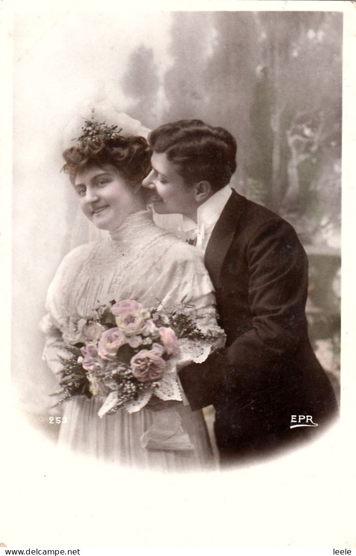 CD94.  Vintage French Postcard.  Bride And Groom On Wedding Day. - Customs