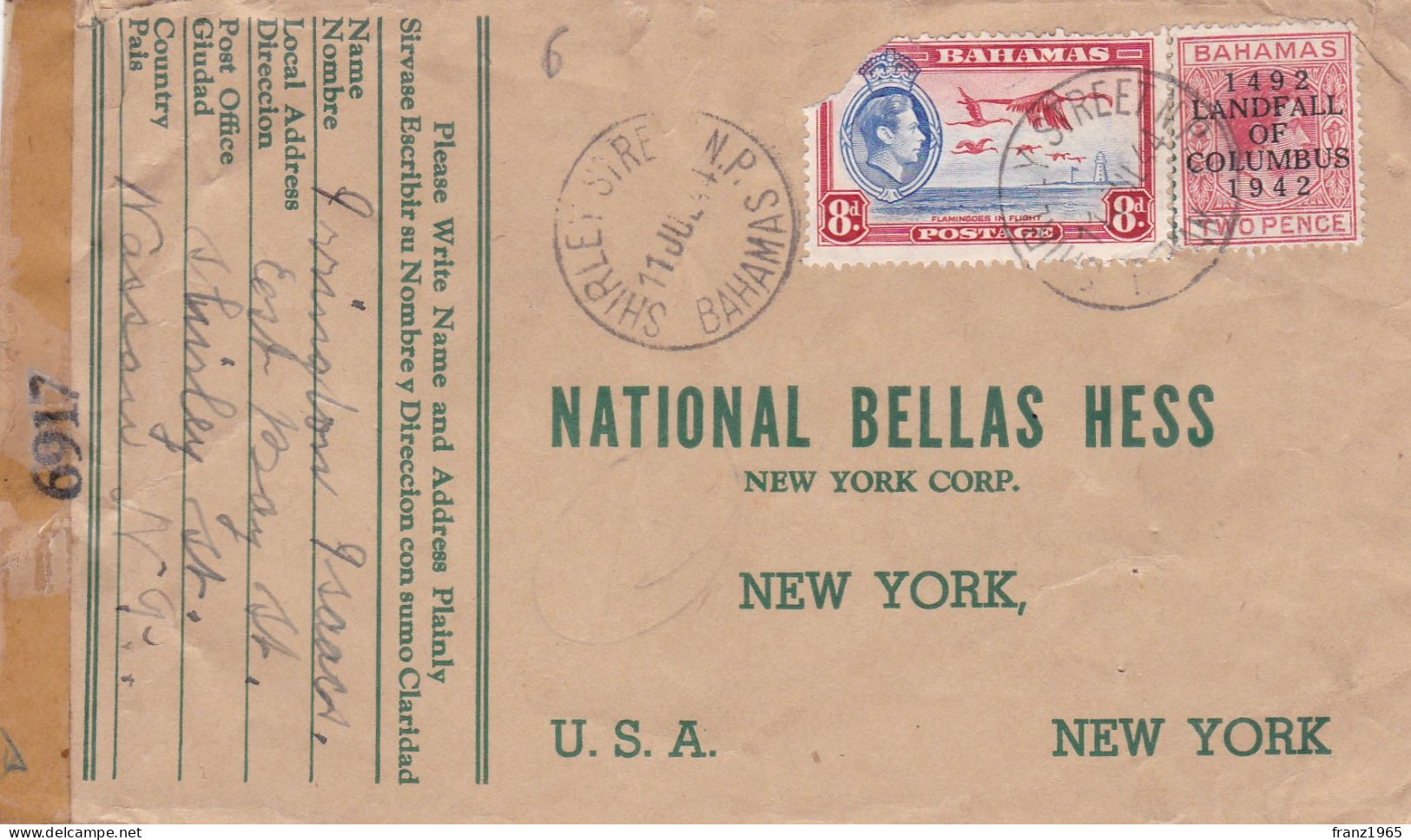 From Bahamas To USA - 1944 - 1859-1963 Colonia Británica