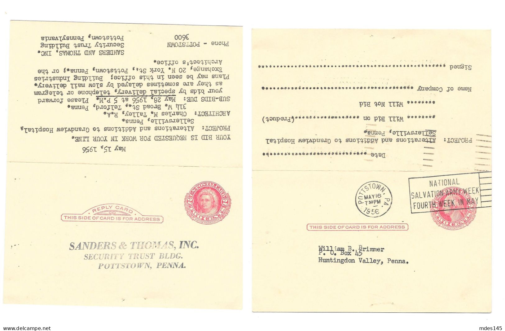 USA Scott UY13  Grandview Hospital Sellersville PA Bids Unsevered Paid Reply Postal Card - 1941-60