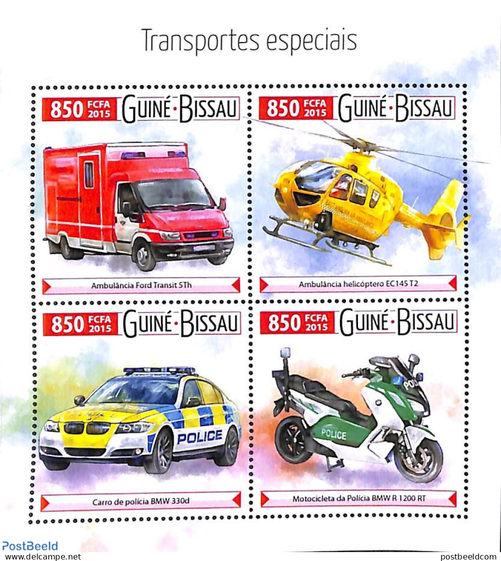 Guinea Bissau 2015 Special Transport 4v M/s, Mint NH, Transport - Various - Fire Fighters & Prevention - Helicopters -.. - Firemen