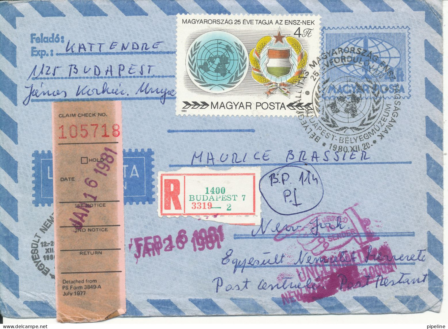 Hungary Registered Air Mail Cover Sent To USA 20-12-1980 Unclaimed And Returned To Sender With A Lot Of Stamps On Front - Covers & Documents