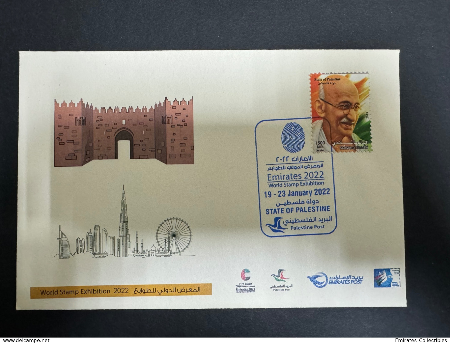 2019 Mahatma Gandhi Palestine Stamp With Emirates 2022 World Stamp Exhibition Special Postmark In Palestine Post Envelop - Mahatma Gandhi