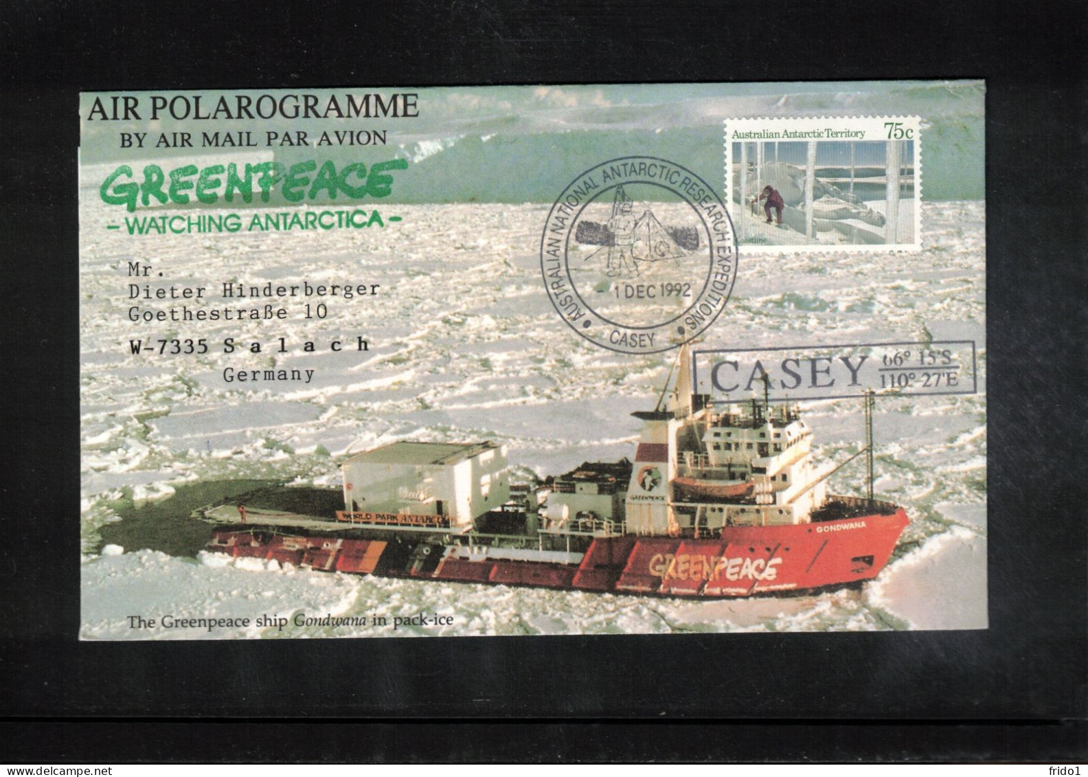 Australian Antarctic Territory 1992 Antarctica - Base Casey - Greenpeace Watching Antarctica Interesting Cover - Bases Antarctiques