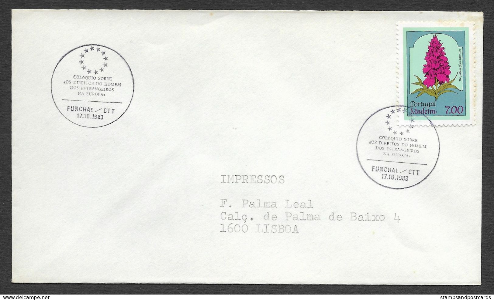 Portugal Cachet Colloque Droits Homme étrangers En Europe Funchal Madeira 1983 Event Pmk Colloquium Human Rights - Postal Logo & Postmarks