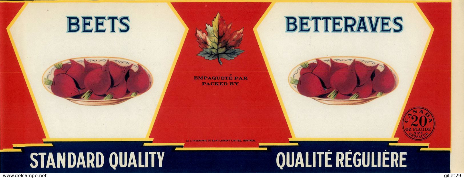 ÉTIQUETTES - BEETS - BETTERAVES - 20 OZS CANADA - DIMENSION 11 X 27 Cm - - Fruits & Vegetables