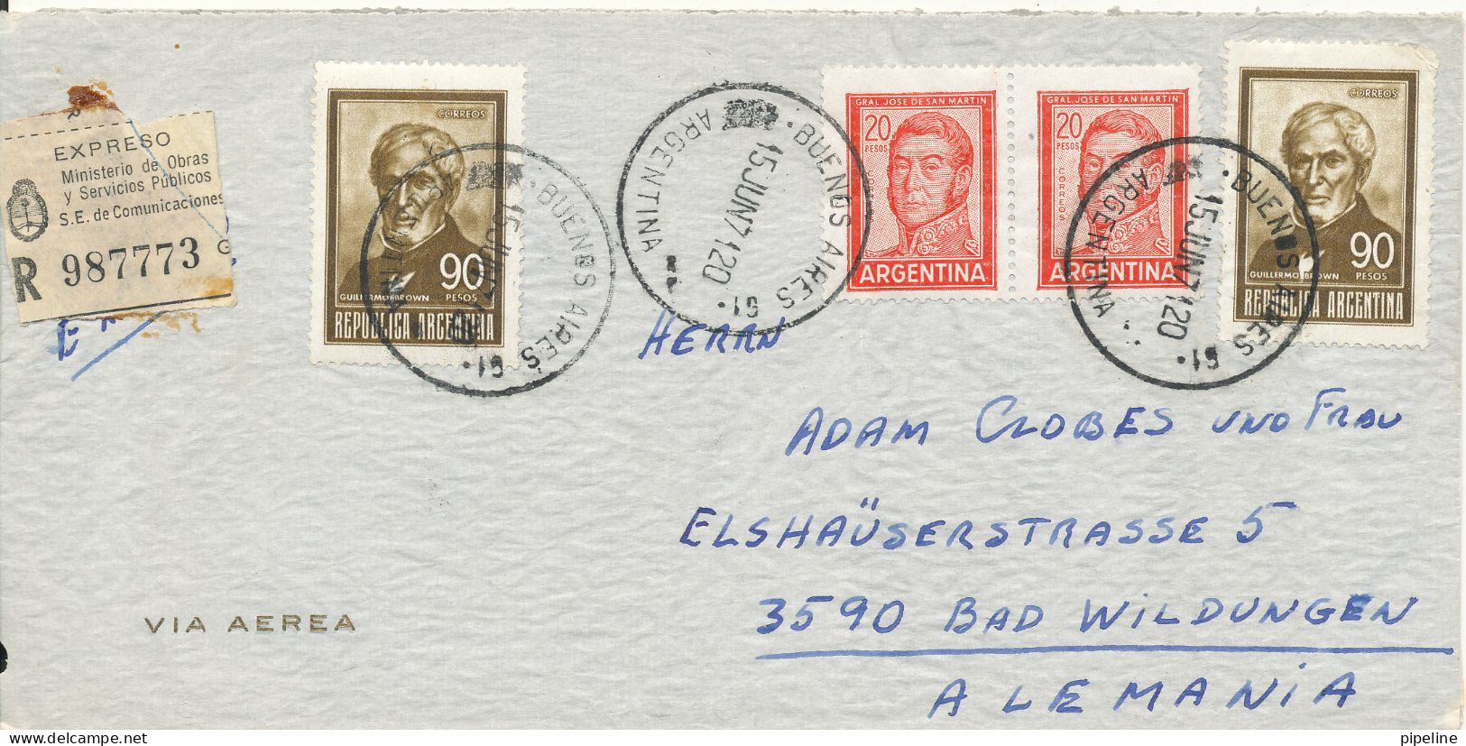 Argentina Registered Air Mail Cover Sent To Germany 15-6-1971 - Covers & Documents