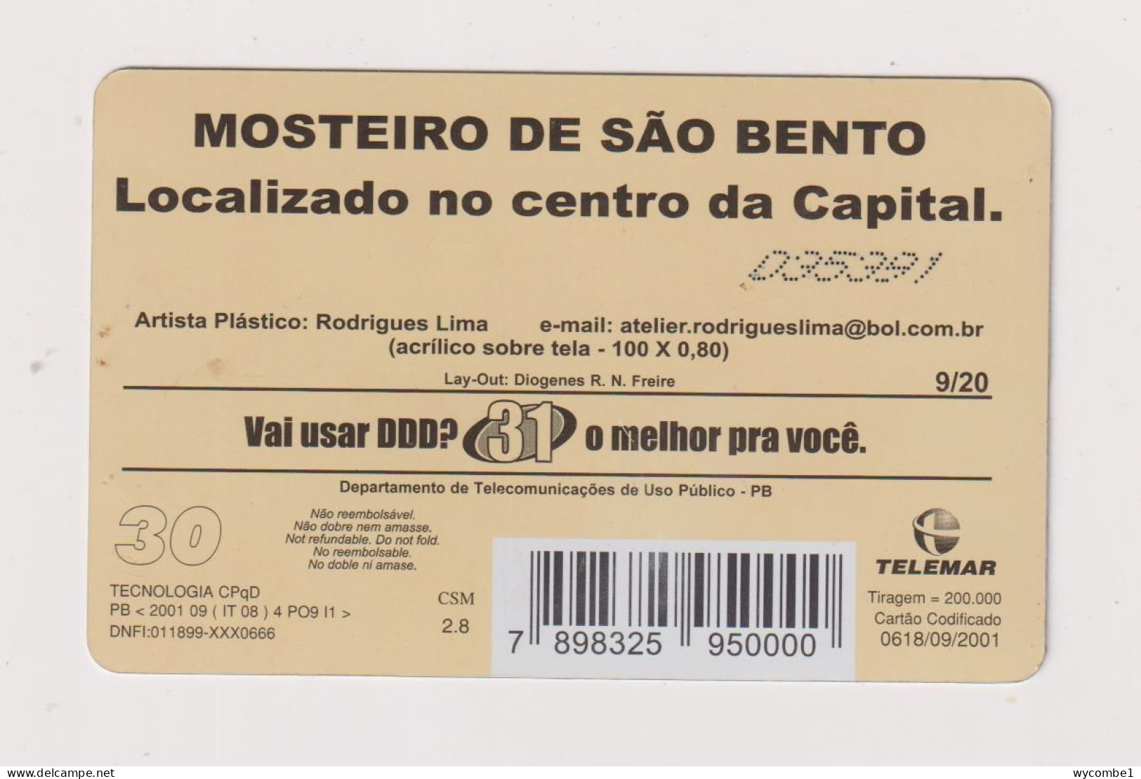 BRASIL -  Sao Bento Monastery Inductive  Phonecard - Brasilien