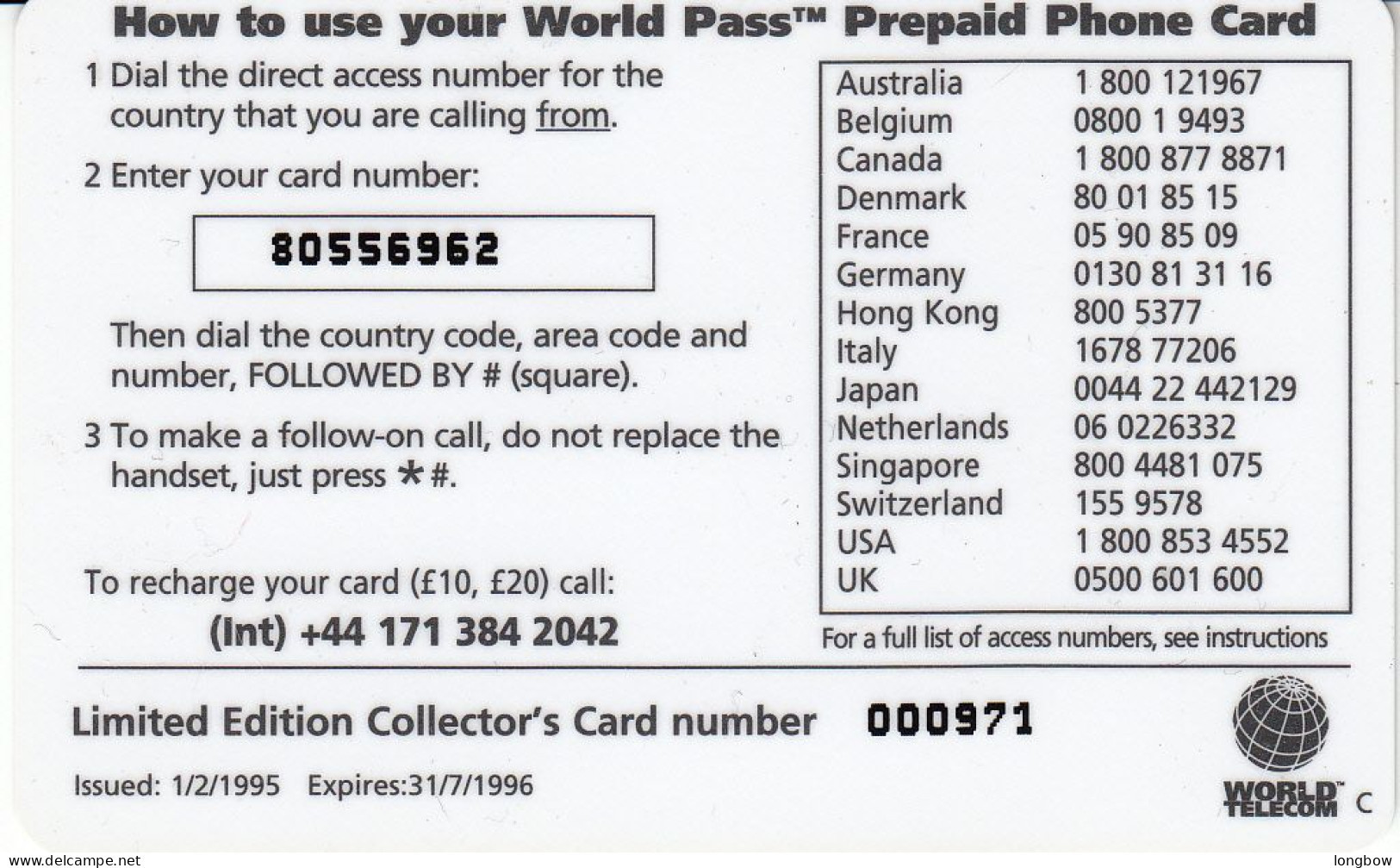 Bruce Springsteen - World Telecom Prepaid Phone Card - Music