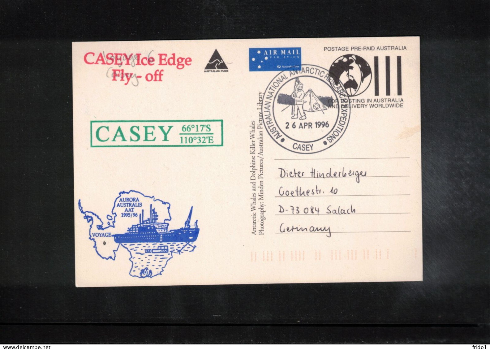 Australian Antarctic Territory 1996 Antarctica - Base Casey - Casey Ice Edge Fly-Off  - Whales Interesting Cover - Bases Antarctiques