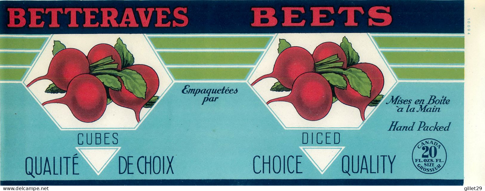 ÉTIQUETTES - BETTERAVES - BEETS - HAND PACKED - 20 OZS CANADA - DIMENSION 11 X 27 Cm - - Fruits & Vegetables