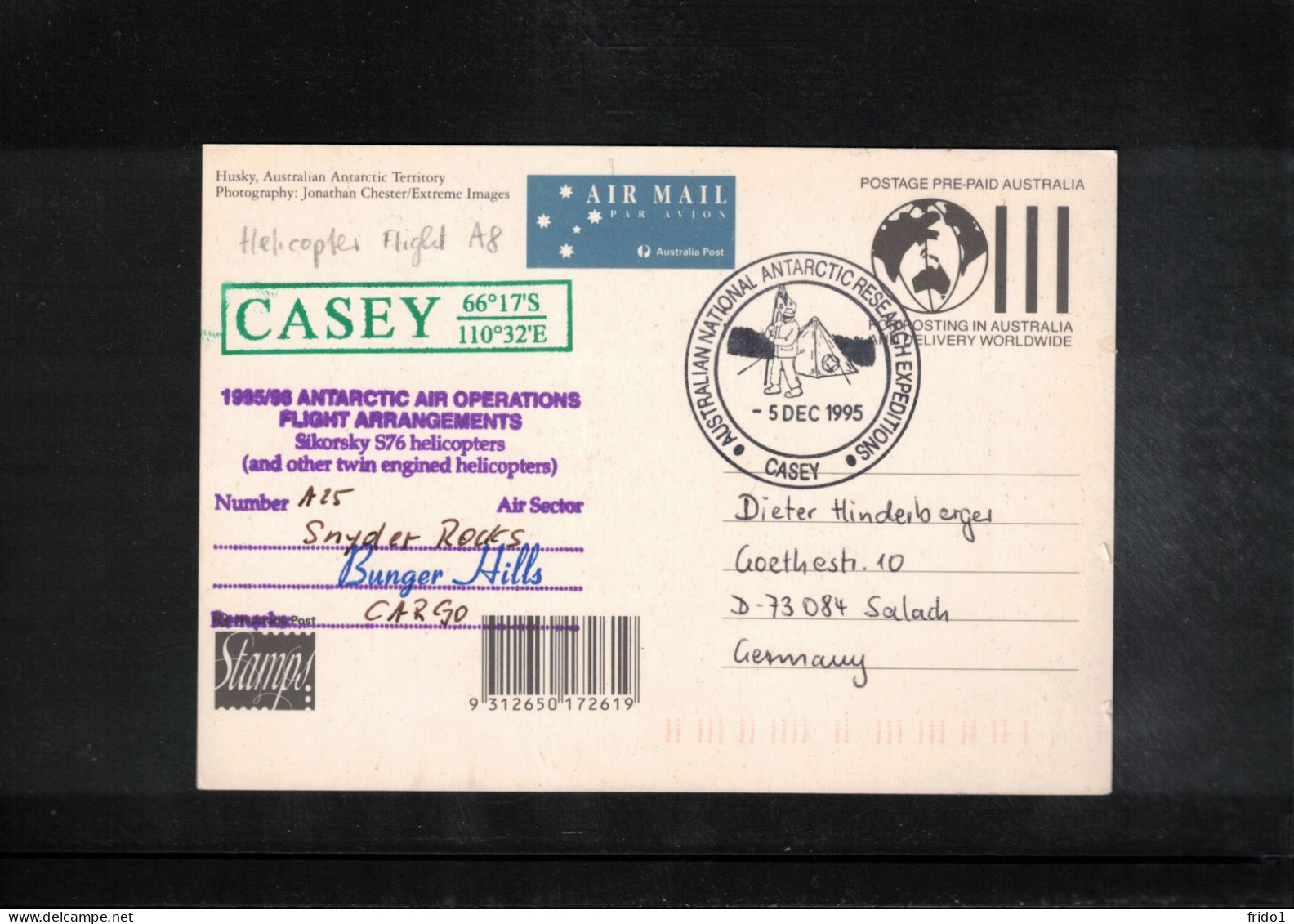 Australian Antarctic Territory 1995 Antarctica - Base Casey -Helicopter Cargo Flights - Huskies Interesting Signed Cover - Onderzoeksstations