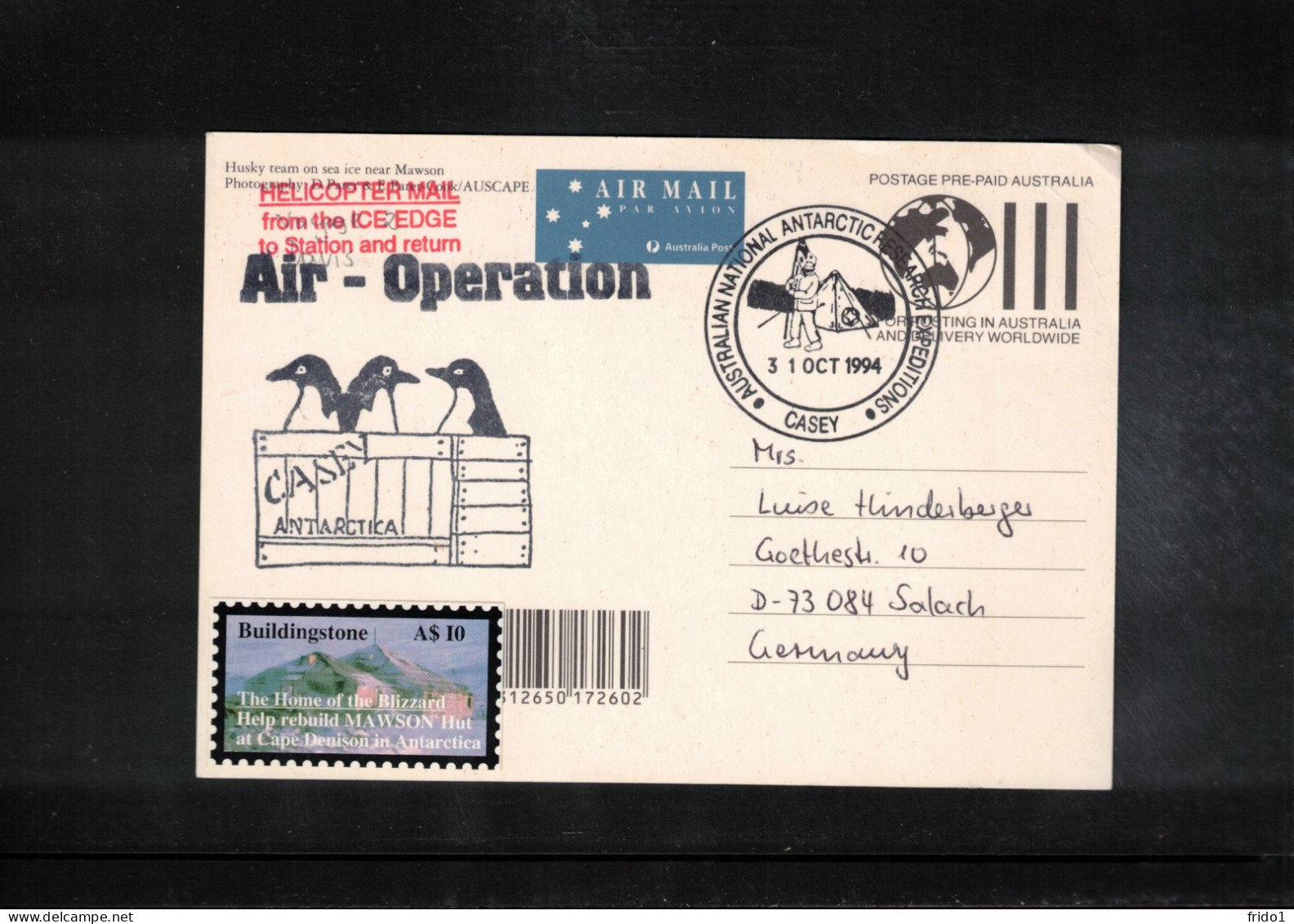 Australian Antarctic Territory 1994 Antarctica - Base Casey - Helicopter Mail From Ice Edge - Huskies Interesting Cover - Onderzoeksstations