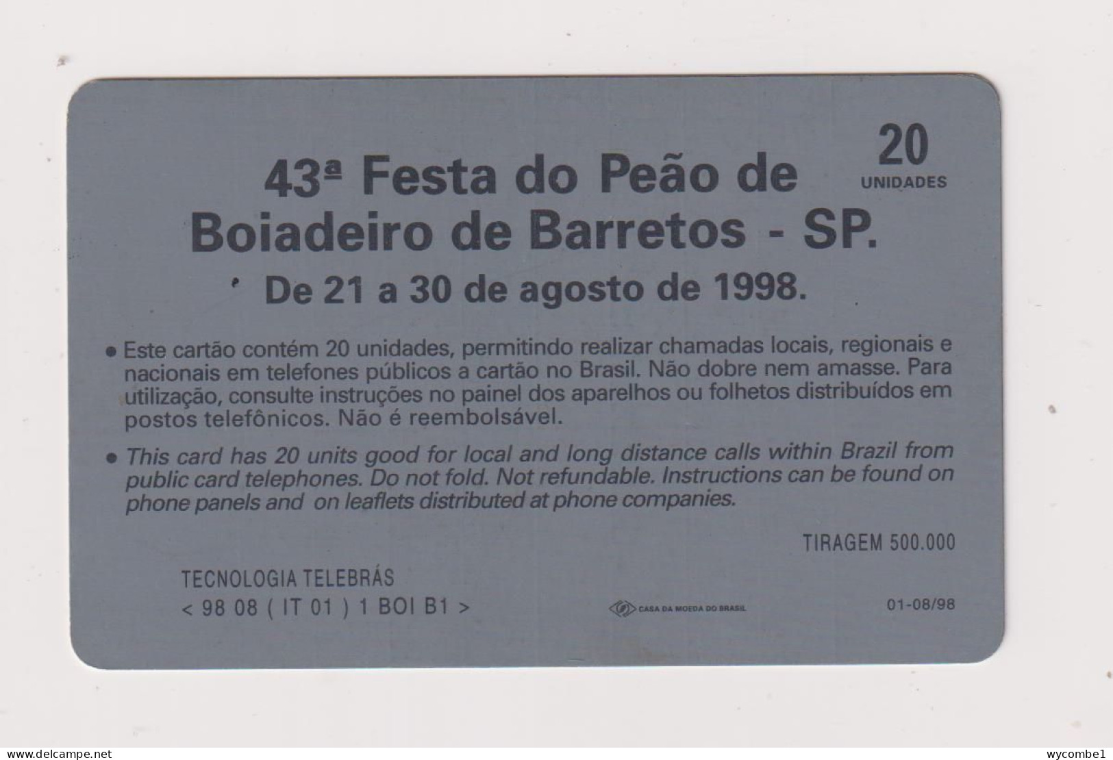 BRASIL -  Boiadeiro De Barretos Inductive  Phonecard - Brésil