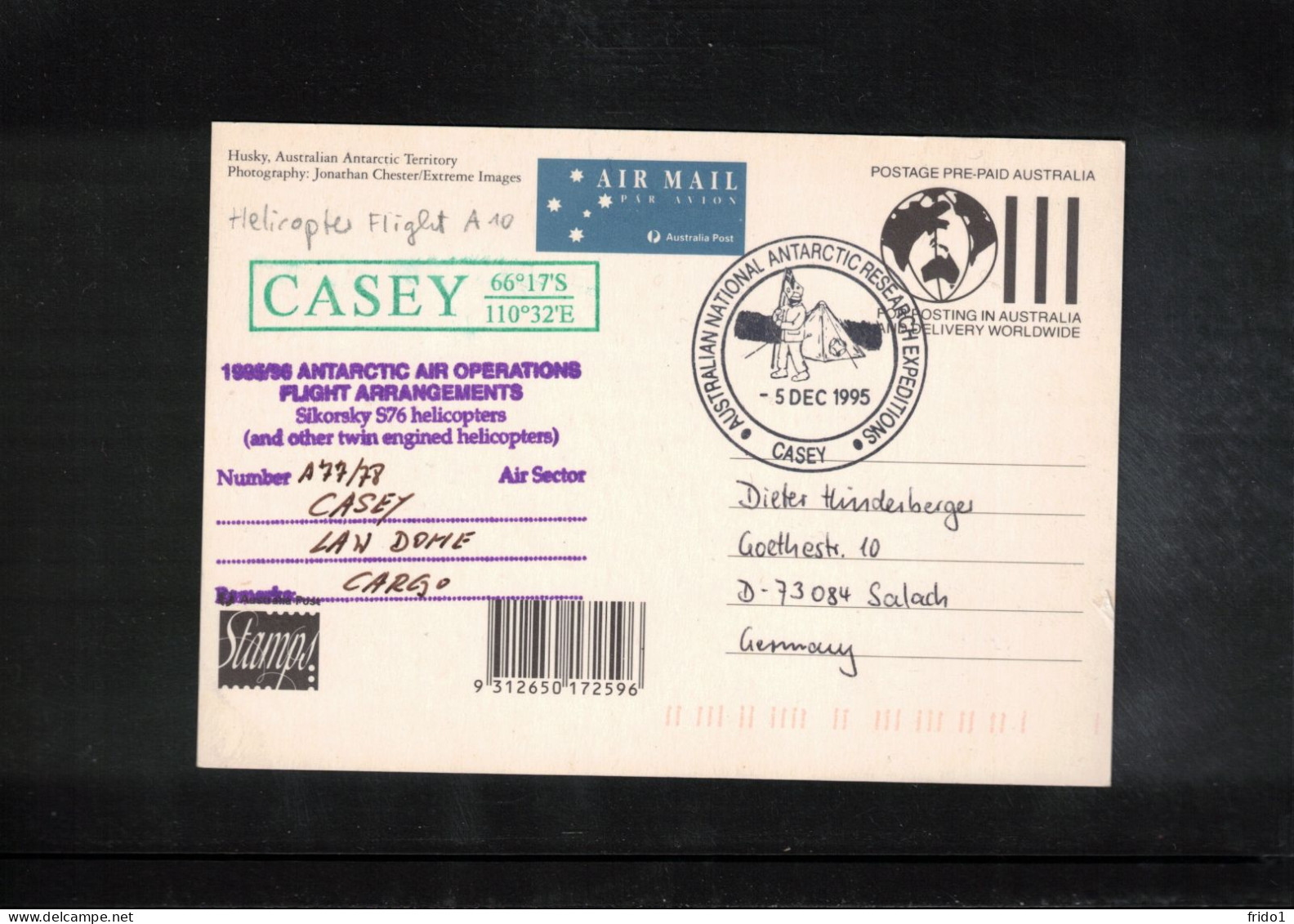 Australian Antarctic Territory 1995 Antarctica - Base Casey - Helicopter Cargo Flights -Huskies Interesting Signed Cover - Onderzoeksstations