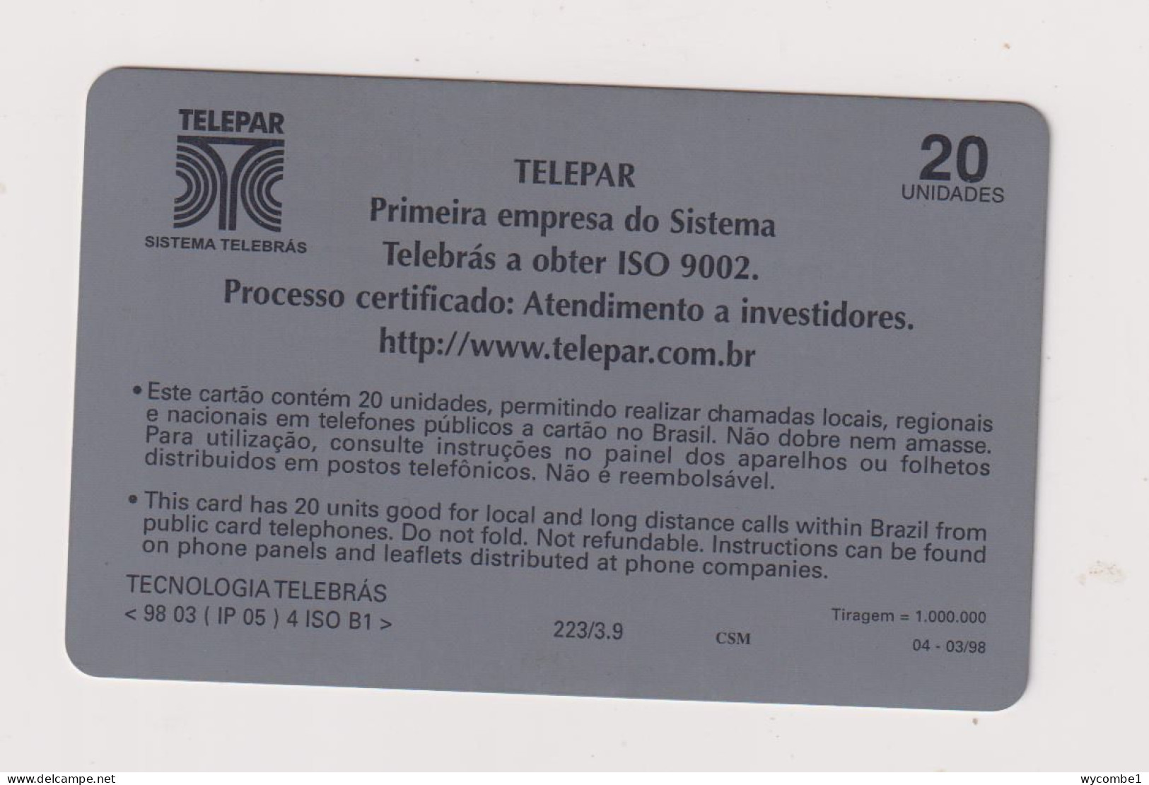 BRASIL -  Telepar Inductive  Phonecard - Brazil