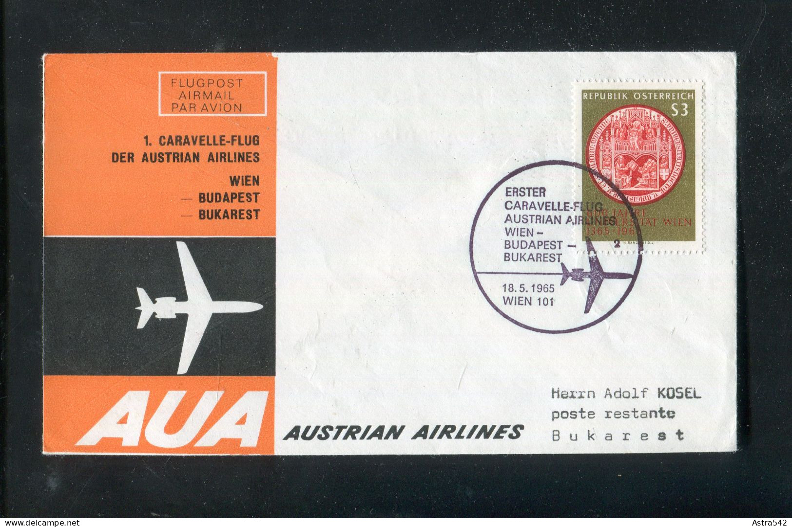 "OESTERREICH" 1965, AUA-Caravelle-Erstflugbrief "Wien-Bukarest" (A0046) - Erst- U. Sonderflugbriefe