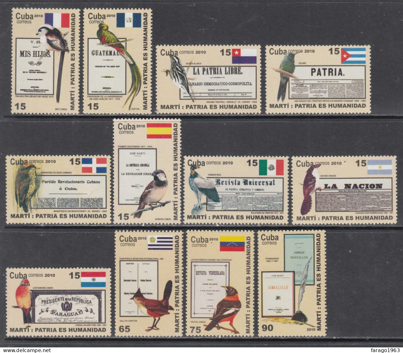 2010 Cuba Jose Marti Birds Oiseaux Flags Complete Set Of 12 MNH - Neufs