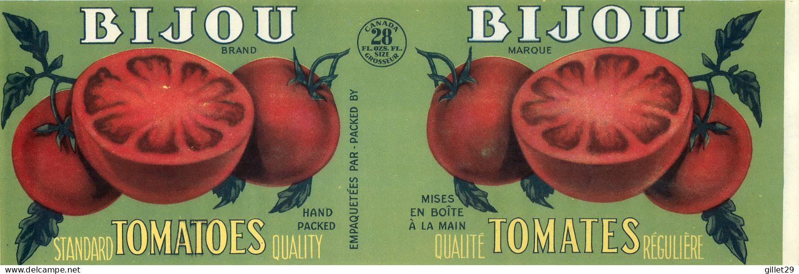 ÉTIQUETTES - BIJOU BRAND QUALITÉ TOMATES RÉGULIÈRES - 28 OZS CANADA - DIMENSION 11 X 33 Cm - - Fruits Et Légumes