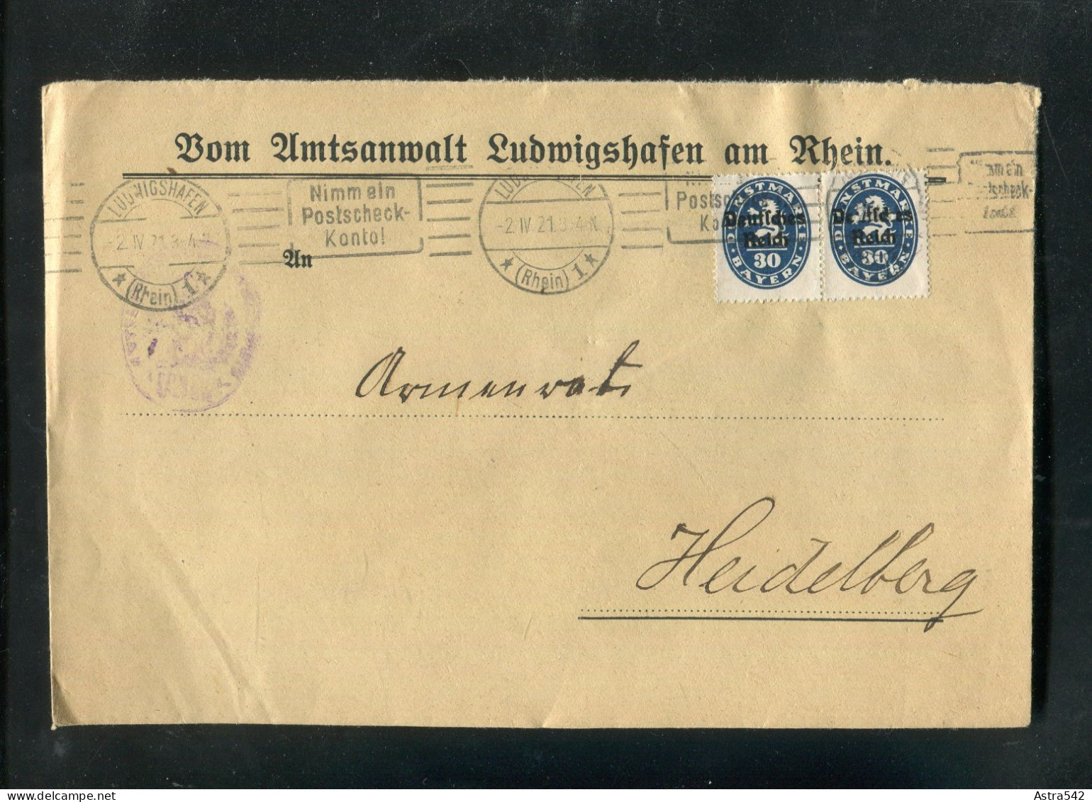 "DEUTSCHES REICH" 1921, Dienstbrief MeF Ex Amtsanwalt Ludwigshaden Nach Heidelberg (A0049) - Dienstzegels