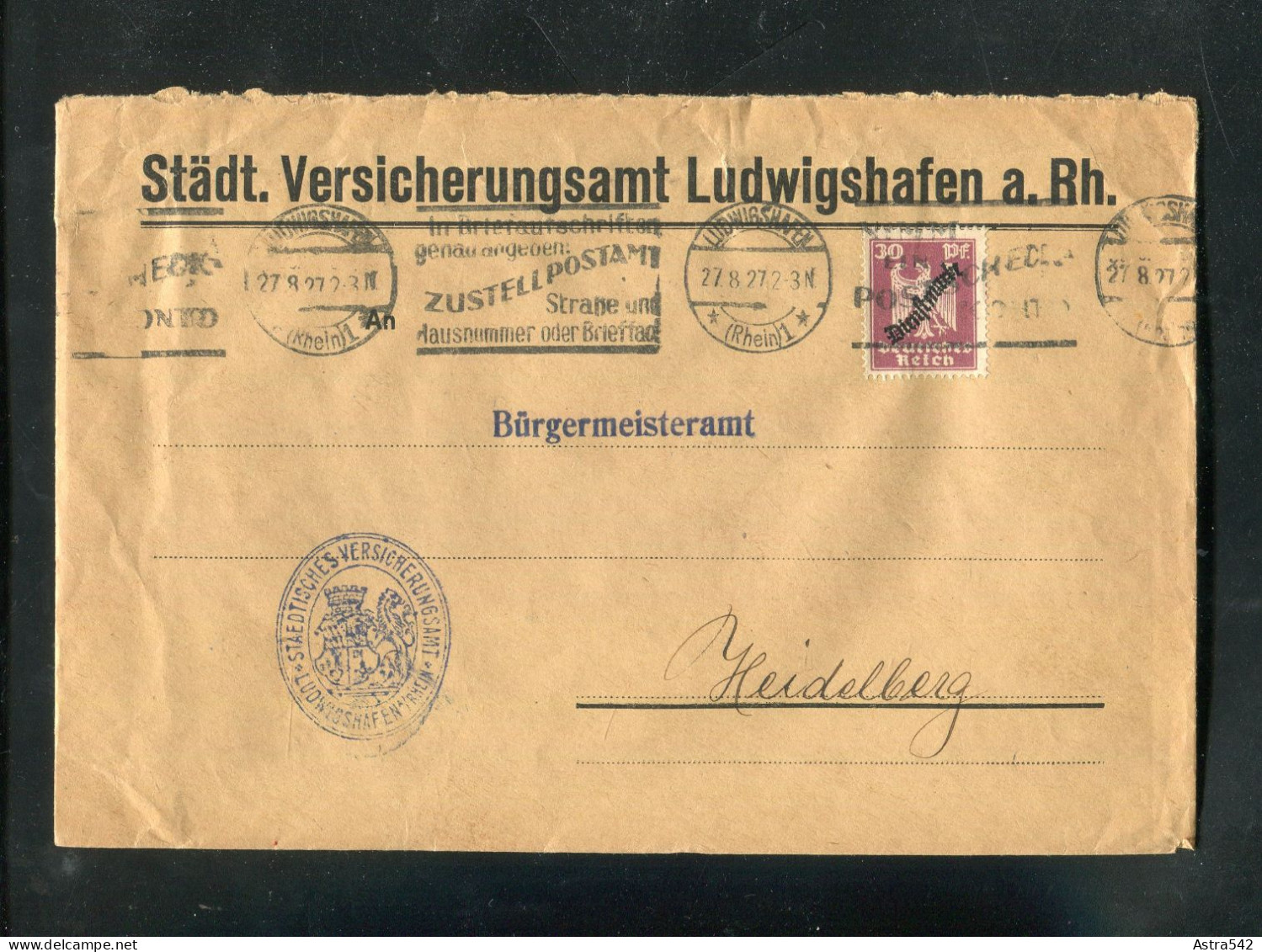 "DEUTSCHES REICH" 1927, Dienstmarke Mi. 109 EF Auf Dienstbrief Ex Staedt. Versicherungsamt Ludwigshafen (A0050) - Dienstzegels