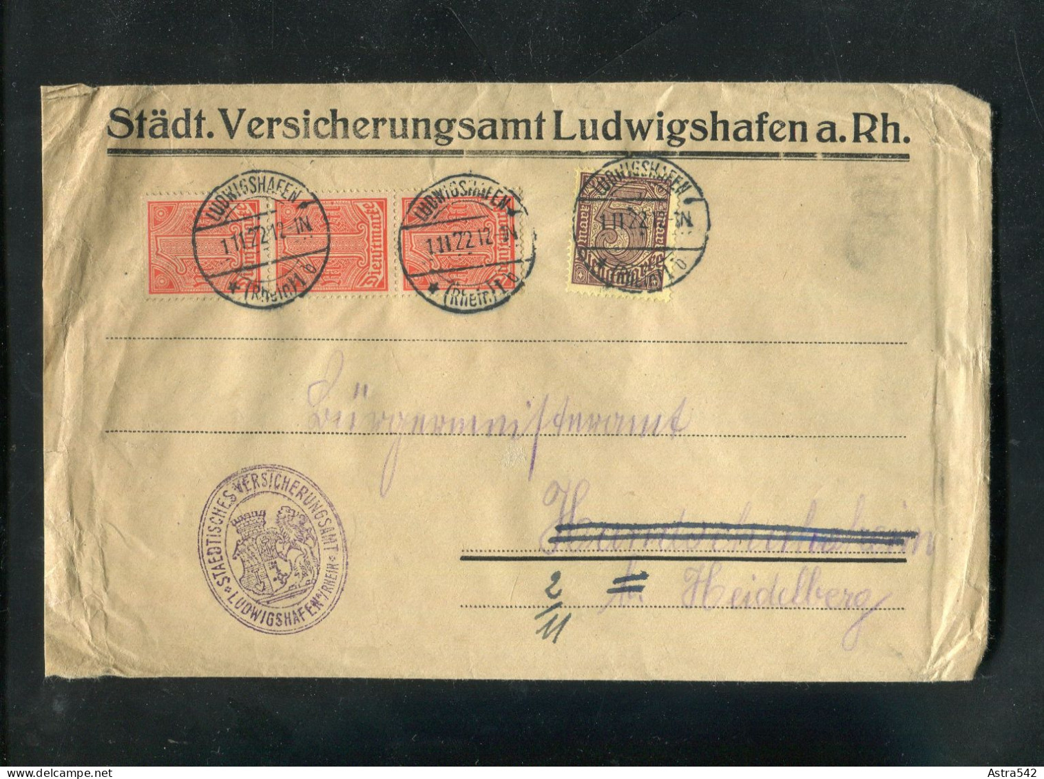 "DEUTSCHES REICH" 1922, Dienstbrief Ex Staedt. Versicherungsamt Ludwigshafen (A0052) - Servizio