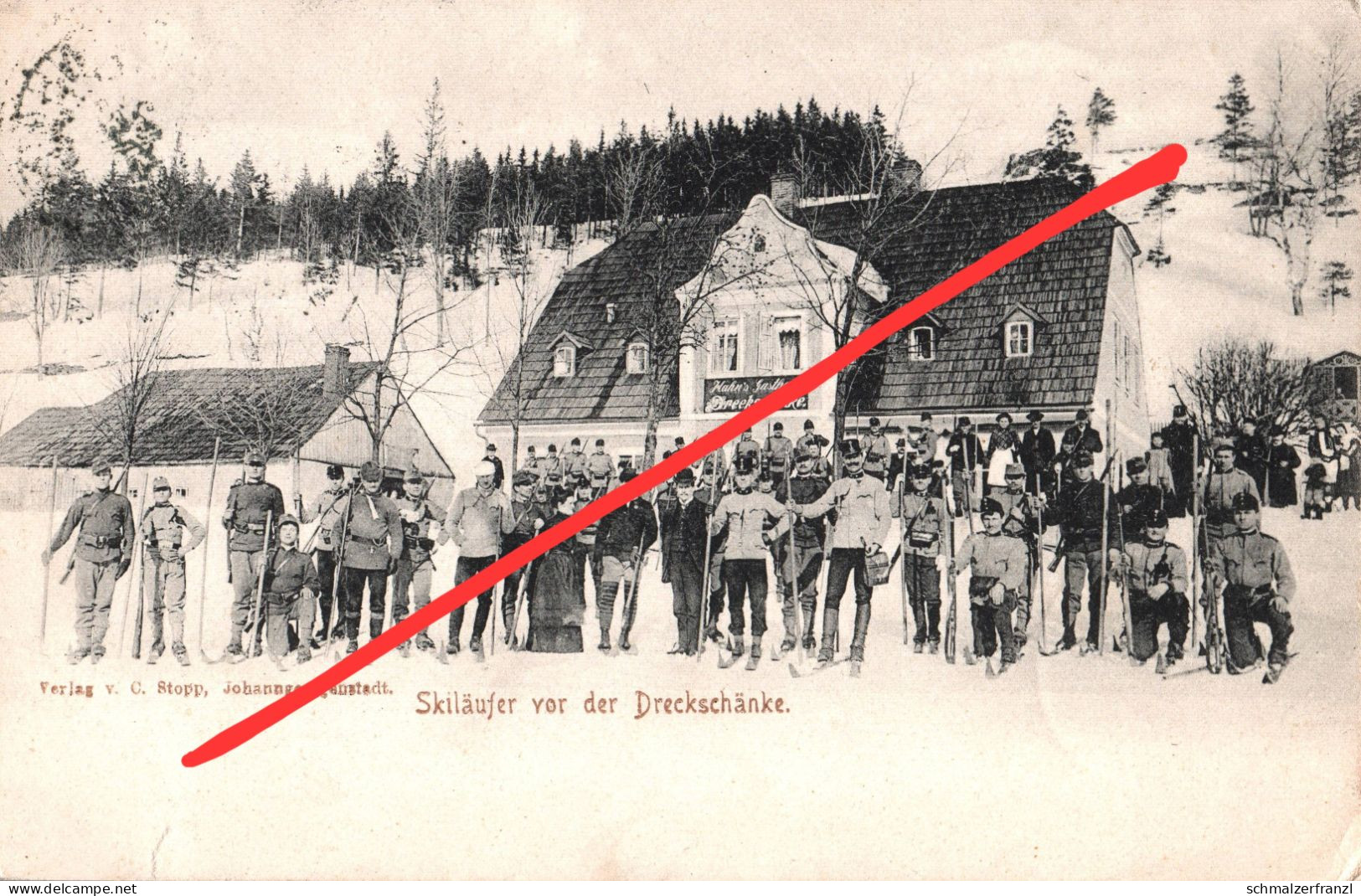 AK Dreckschänke Gasthof Skiläufer Ski Militär Breitenbach Potucky Johanngeorgenstadt Platten Abertham Winter Erzgebirge - Sudeten