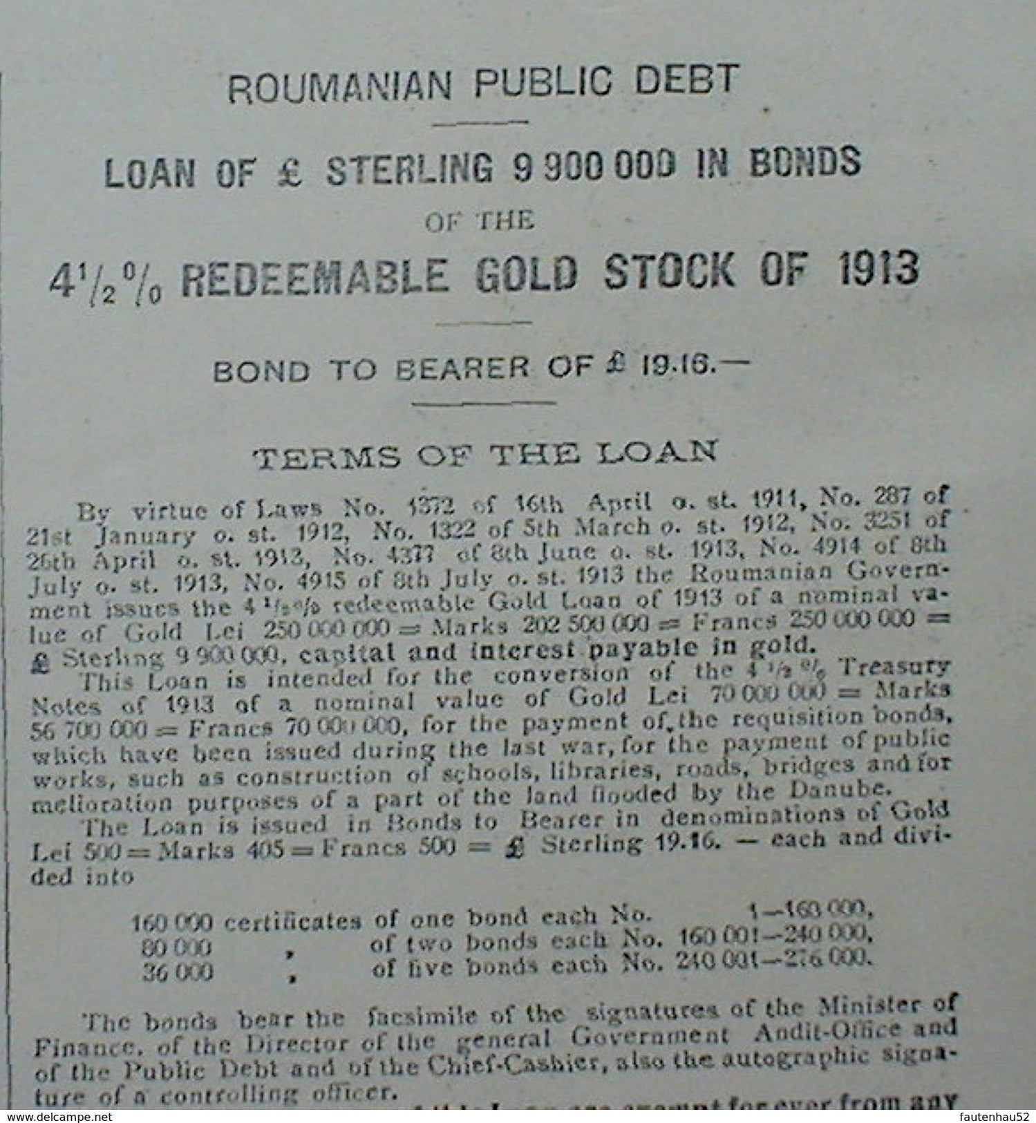 3 X Romania Roumanian Public Dept Gold Loan Of 500 - 2500 Lei Aur, 19,16 Pound Sterling, Bukarest 1913 Uncancelled - Banque & Assurance