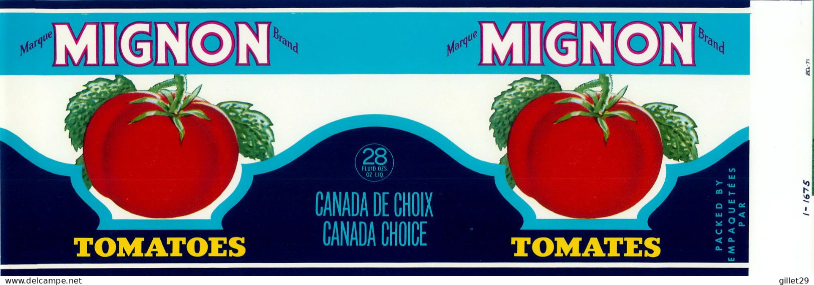 ÉTIQUETTES - MARQUE MIGNON BRAND - TOMATOES - TOMATES  - 28 OZS CANADA - DIMENSION 11 X 33 Cm - - Fruits & Vegetables