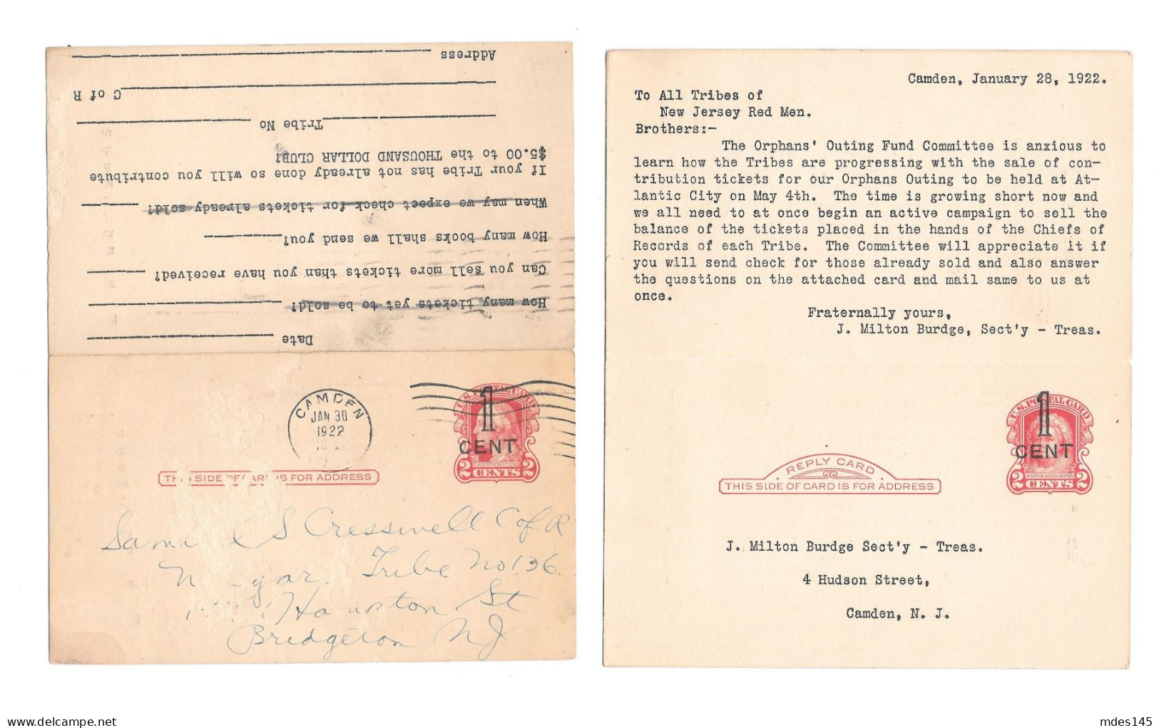USA Scott UY9 Tribes Of New Jersey Red Men Fraternal Org 1922 Paid Reply Postal Card - 1921-40