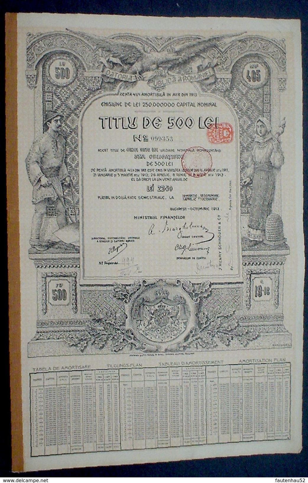 Romania Roumanian Public Dept Gold Loan Of 500 Lei Aur, 19,16 Pound Sterling, Bukarest 1913 Uncancelled - Banque & Assurance