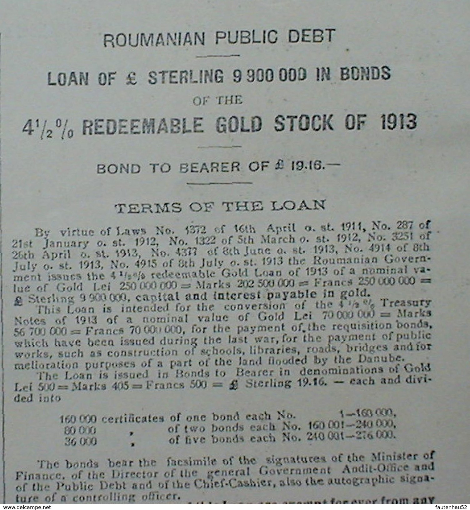 Romania Roumanian Public Dept Gold Loan Of 500 Lei Aur, 19,16 Pound Sterling, Bukarest 1913 Uncancelled - Banque & Assurance