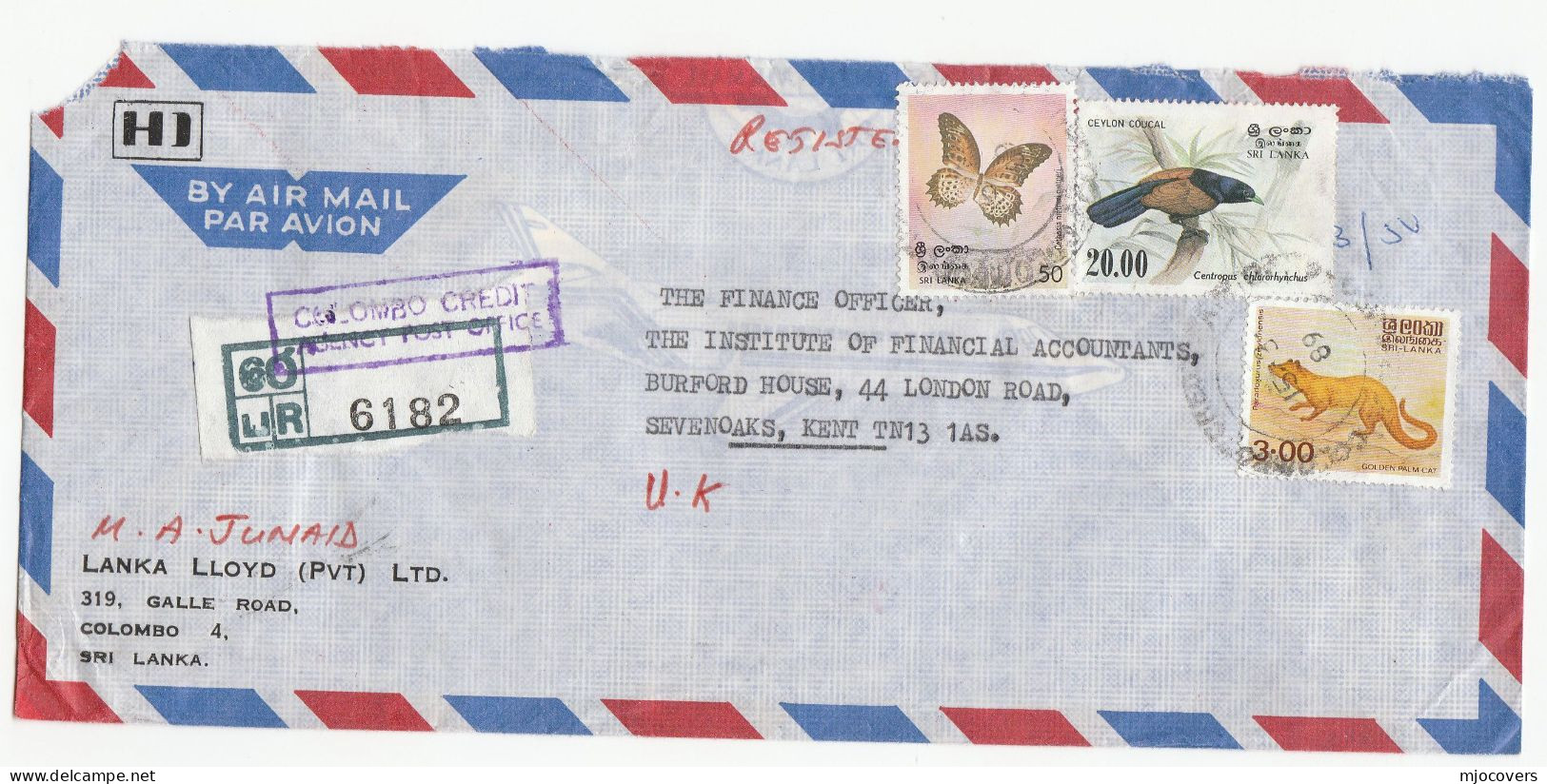 1989 Registered COLOMBO CREDIT AGENCY PO Sri Lanka COVER Civet Bird Butterfly Stamps  Air Mail To GB Reg Label Finance - Sri Lanka (Ceylon) (1948-...)