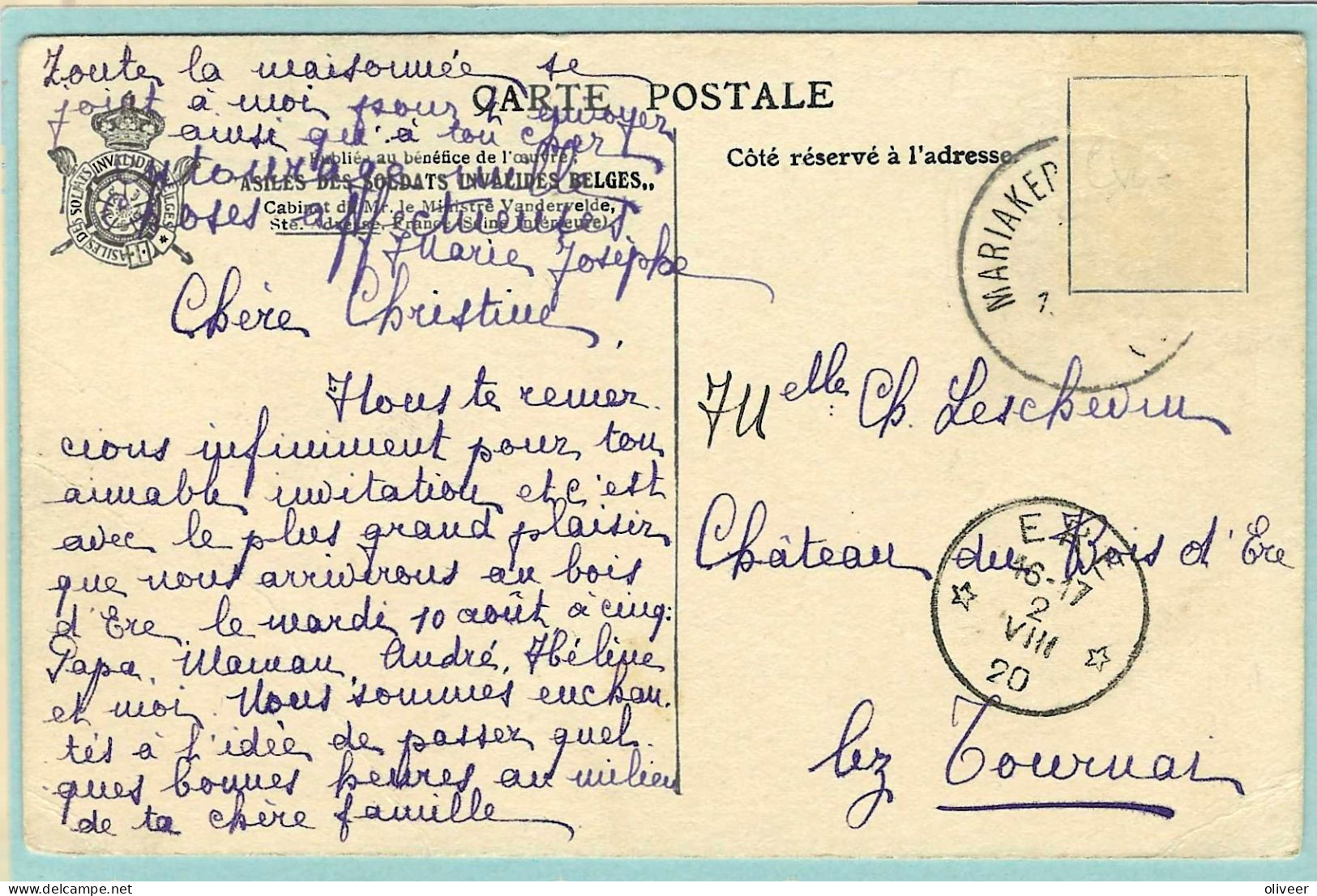 Postkaart Met Sterstempel ERE - 1920 - Sternenstempel