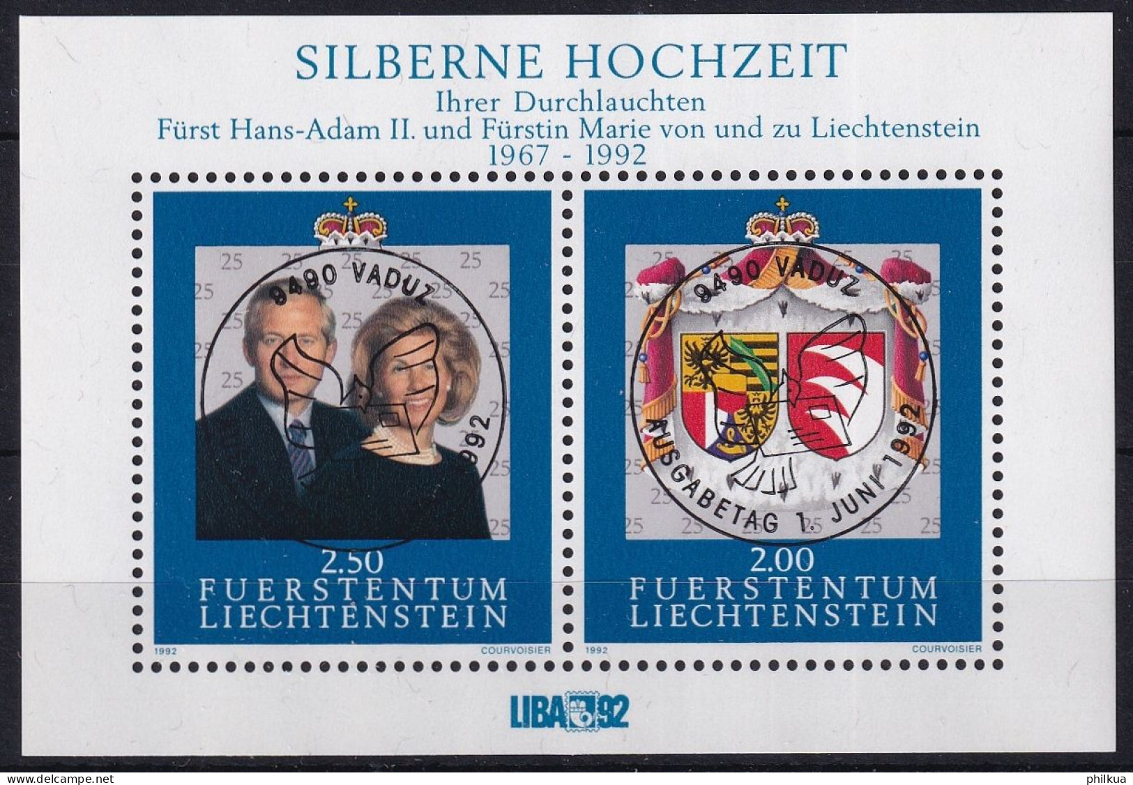 MiNr. Block 14 Liechtenstein 1992, 1. Juni. Blockausgabe: 25. Hochzeitstag Von Fürst Hans-Adam II Mit ET-Vollstempel - Blocs & Feuillets