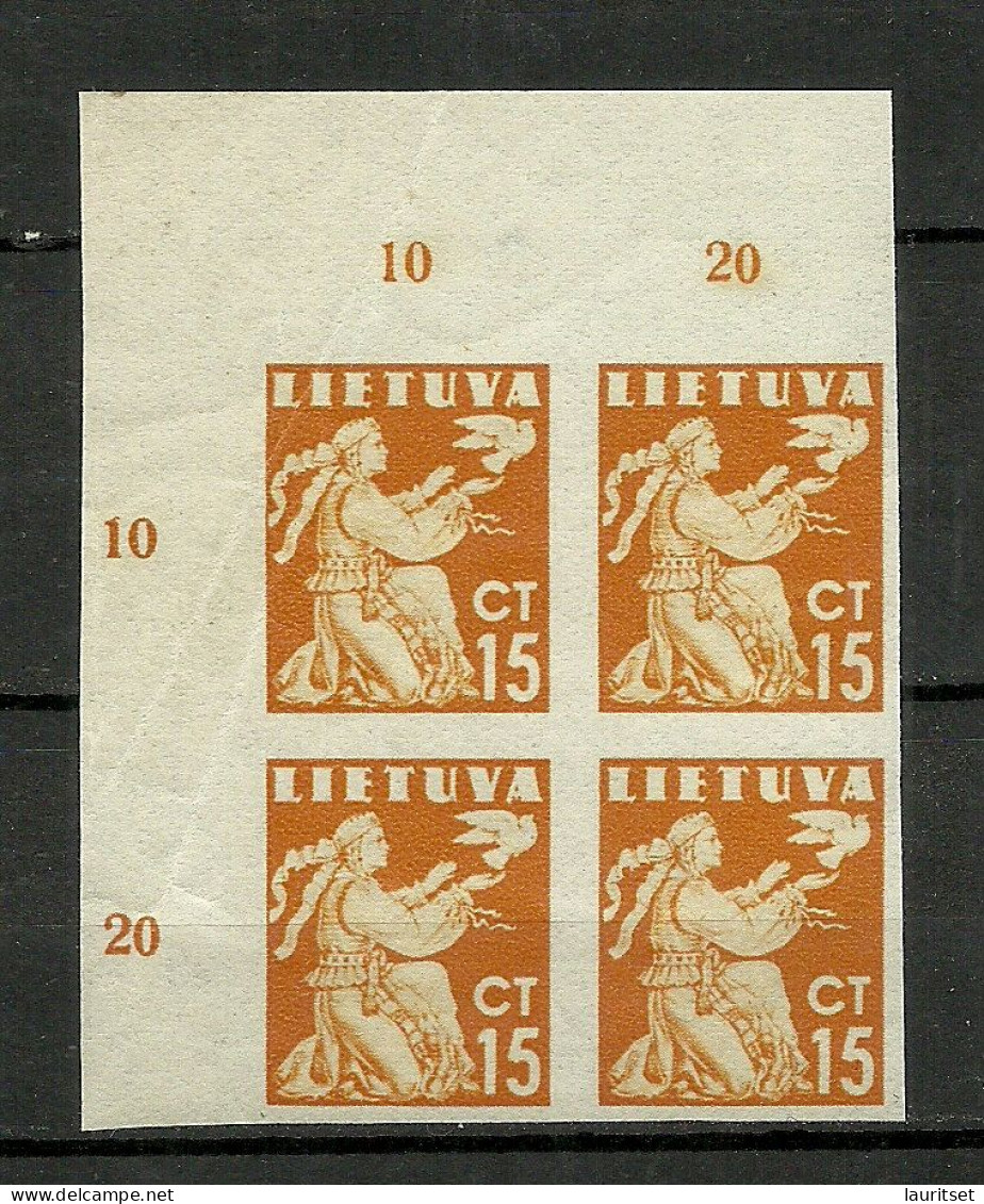 LITAUEN Lithuania 1940 Michel 439 U As 4-block MNH Sheet Corner With Nice Margins & Margin Numbers - Litauen