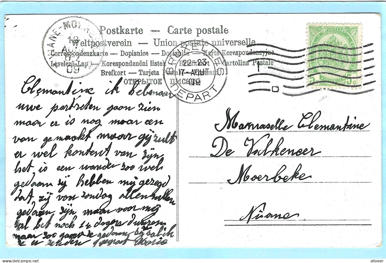 Postkaart Met Sterstempel VIANE-MOERBEKE -  1909 - Postmarks With Stars