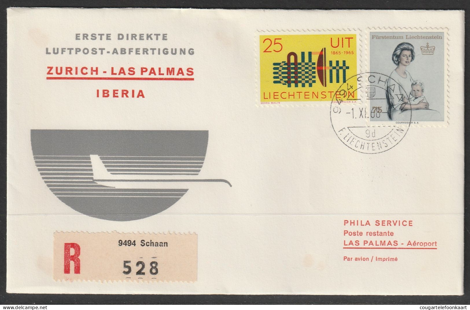 1968, Iberia, Erstflug, Liechtenstein - Las Palmas Spain - Luftpost