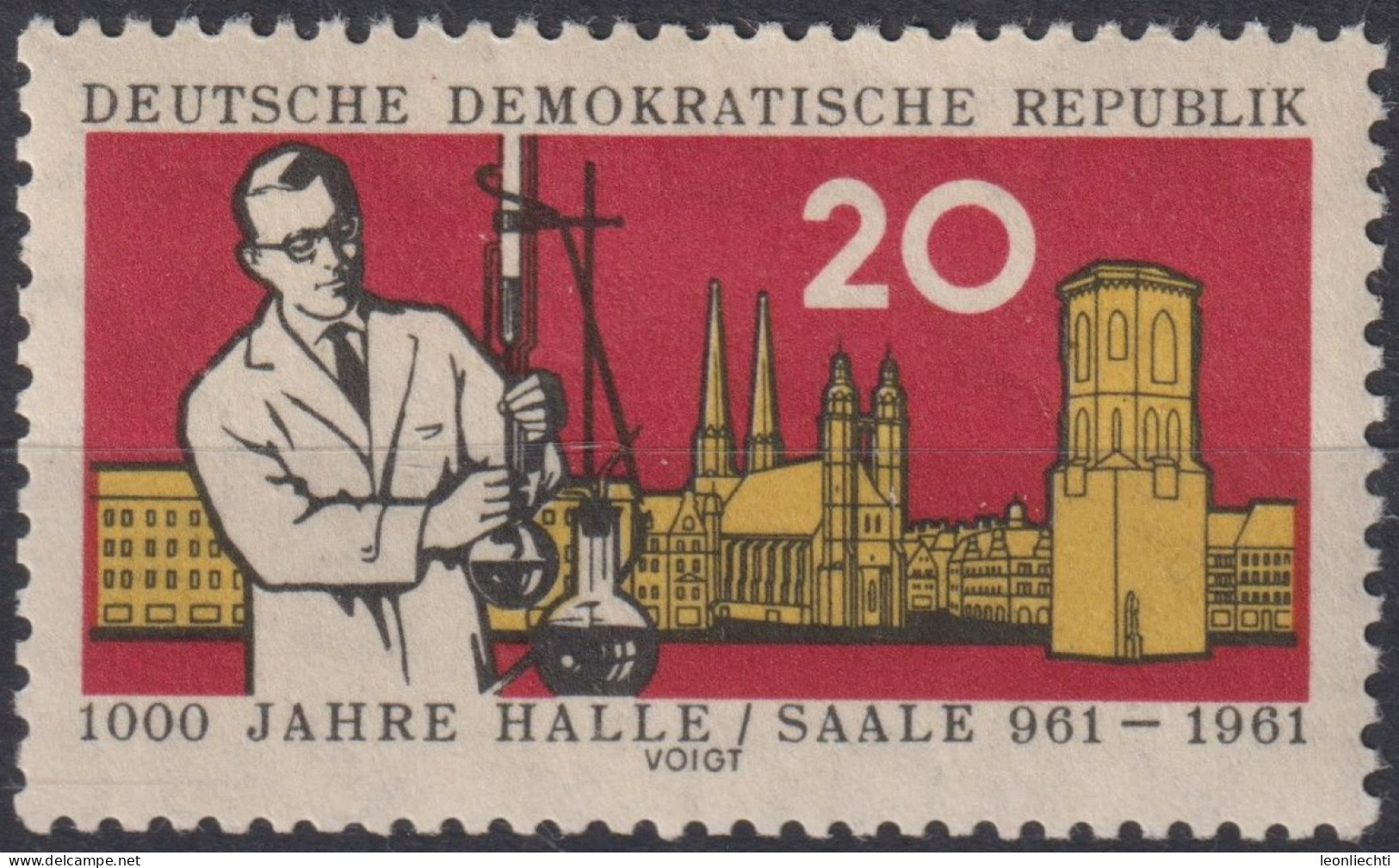 1961 DDR, ** Mi:DD 834 Yt:DD 550, Chemiker Und Stadtbild Aus Halle, Burg, 1000 Jahre Halle A. D. Saale - Chemie