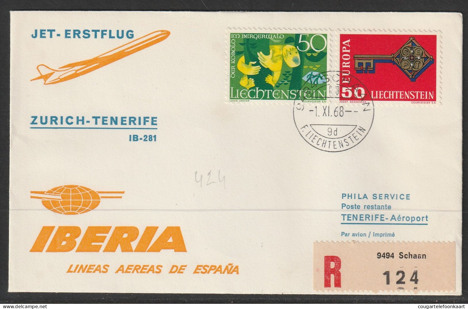 1968, Iberia, Erstflug, Liechtenstein - Tenerife Spain - Poste Aérienne